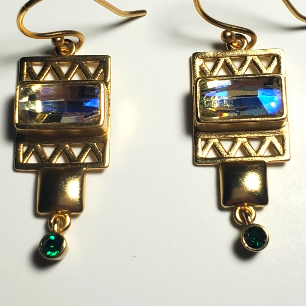 Amrapali 14k Gold Plated Drop Earrings Sky-blue Dark Green Chaton-cut Crystals - Picture 6 of 7